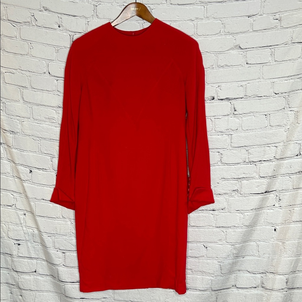 Louis Fe’raud Red Long Sleeve Wool Dress Gold Button Accents Size 10